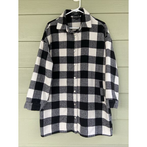 Forever 21 Black White Checkerboard Plaid Mid-Length Snap Front Coat Women Small - Picture 1 of 6